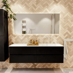 MONDIAZ VICA 160cm Badmeubel Onderkast Urban 4 Lades. Wastafel CLOUD Rechts Zonder Kraangat, Kleur Talc Met Spiegel LED. -Baden Luxe Verkoop badkamermeubel vica urban cloud talc set1 0082