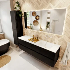 MONDIAZ VICA 160cm Badmeubel Onderkast Urban 4 Lades. Wastafel CLOUD Rechts Zonder Kraangat, Kleur Talc Met Spiegel LED. -Baden Luxe Verkoop badkamermeubel vica urban cloud talc set2 0082