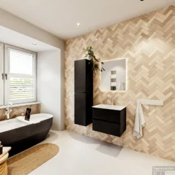 MONDIAZ VICA 60cm Badmeubel Onderkast Urban 2 Lades. Wastafel CLOUD Midden 1 Kraangat, Kleur Talc Met Spiegel LED. -Baden Luxe Verkoop badkamermeubel vica urban cloud talc set4 0002