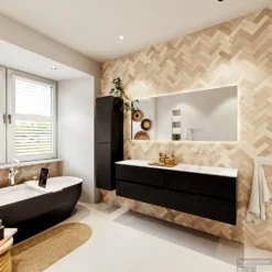 MONDIAZ VICA 160cm Badmeubel Onderkast Urban 4 Lades. Wastafel CLOUD Rechts Zonder Kraangat, Kleur Talc Met Spiegel LED. -Baden Luxe Verkoop badkamermeubel vica urban cloud talc set4 0082