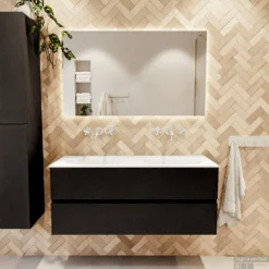 MONDIAZ VICA 120cm Badmeubel Onderkast Urban 2 Lades. Wastafel MOON Dubbel Zonder Kraangat, Kleur Talc. -Baden Luxe Verkoop badkamermeubel vica urban moon talc set1 0029