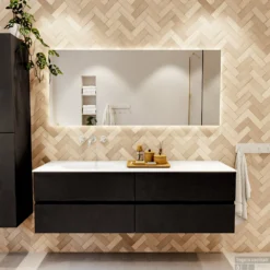 MONDIAZ VICA 160cm Badmeubel Onderkast Urban 4 Lades. Wastafel Moon Links Zonder Kraangat, Kleur Talc Met Spiegel LED. -Baden Luxe Verkoop badkamermeubel vica urban moon talc set1 0081