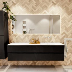 MONDIAZ VICA 180cm Badmeubel Onderkast Urban 4 Lades. Wastafel Moon Rechts Zonder Kraangat, Kleur Talc Met Spiegel LED. -Baden Luxe Verkoop badkamermeubel vica urban moon talc set1 0094