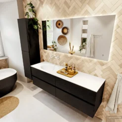 MONDIAZ VICA 160cm Badmeubel Onderkast Urban 4 Lades. Wastafel Moon Links Zonder Kraangat, Kleur Talc Met Spiegel LED. -Baden Luxe Verkoop badkamermeubel vica urban moon talc set2 0081