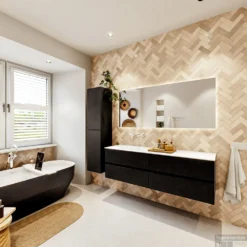 MONDIAZ VICA 160cm Badmeubel Onderkast Urban 4 Lades. Wastafel Moon Links Zonder Kraangat, Kleur Talc Met Spiegel LED. -Baden Luxe Verkoop badkamermeubel vica urban moon talc set4 0081