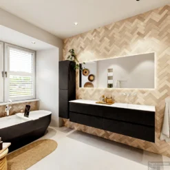 MONDIAZ VICA 180cm Badmeubel Onderkast Urban 4 Lades. Wastafel Moon Rechts Zonder Kraangat, Kleur Talc Met Spiegel LED. -Baden Luxe Verkoop badkamermeubel vica urban moon talc set4 0094