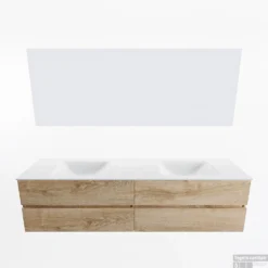 MONDIAZ VICA 190cm Badmeubel Onderkast Washed Oak 4 Lades. Wastafel CLOUD Dubbel 2 Kraangaten, Kleur Talc Met Spiegel LED. -Baden Luxe Verkoop badkamermeubel vica washed oak cloud talc google11 0098