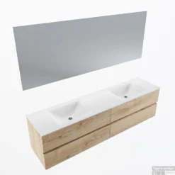 MONDIAZ VICA 190cm Badmeubel Onderkast Washed Oak 4 Lades. Wastafel CLOUD Dubbel 2 Kraangaten, Kleur Talc Met Spiegel LED.