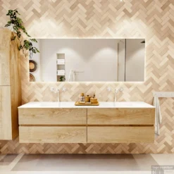 MONDIAZ VICA 190cm Badmeubel Onderkast Washed Oak 4 Lades. Wastafel CLOUD Dubbel 2 Kraangaten, Kleur Talc Met Spiegel LED. -Baden Luxe Verkoop badkamermeubel vica washed oak cloud talc set1 0098