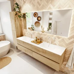MONDIAZ VICA 190cm Badmeubel Onderkast Washed Oak 4 Lades. Wastafel CLOUD Dubbel 2 Kraangaten, Kleur Talc Met Spiegel LED. -Baden Luxe Verkoop badkamermeubel vica washed oak cloud talc set2 0098