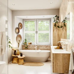 MONDIAZ VICA 190cm Badmeubel Onderkast Washed Oak 4 Lades. Wastafel CLOUD Dubbel 2 Kraangaten, Kleur Talc Met Spiegel LED. -Baden Luxe Verkoop badkamermeubel vica washed oak cloud talc set3 0098