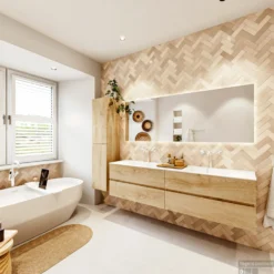 MONDIAZ VICA 190cm Badmeubel Onderkast Washed Oak 4 Lades. Wastafel CLOUD Dubbel 2 Kraangaten, Kleur Talc Met Spiegel LED. -Baden Luxe Verkoop badkamermeubel vica washed oak cloud talc set4 0098