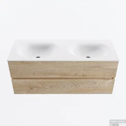 MONDIAZ VICA 120cm Badmeubel Onderkast Washed Oak 2 Lades. Wastafel MOON Dubbel 2 Kraangaten, Kleur Talc.
