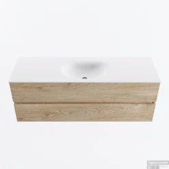 MONDIAZ VICA 140cm Badmeubel Onderkast Washed Oak 2 Lades. Wastafel MOON Midden 1 Kraangat, Kleur Talc.