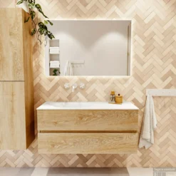 MONDIAZ VICA 110cm Badmeubel Onderkast Washed Oak 2 Lades. Wastafel Moon Links Zonder Kraangat, Kleur Talc Met Spiegel LED. -Baden Luxe Verkoop badkamermeubel vica washed oak moon talc set1 0020