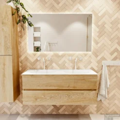 MONDIAZ VICA 120cm Badmeubel Onderkast Washed Oak 2 Lades. Wastafel MOON Dubbel 2 Kraangaten, Kleur Talc. -Baden Luxe Verkoop badkamermeubel vica washed oak moon talc set1 0025