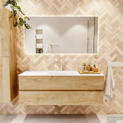 MONDIAZ VICA 140cm Badmeubel Onderkast Washed Oak 2 Lades. Wastafel MOON Midden 1 Kraangat, Kleur Talc. -Baden Luxe Verkoop badkamermeubel vica washed oak moon talc set1 0038