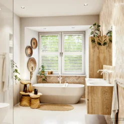 MONDIAZ VICA 120cm Badmeubel Onderkast Washed Oak 2 Lades. Wastafel MOON Dubbel 2 Kraangaten, Kleur Talc. -Baden Luxe Verkoop badkamermeubel vica washed oak moon talc set3 0025