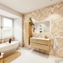 MONDIAZ VICA 110cm Badmeubel Onderkast Washed Oak 2 Lades. Wastafel Moon Links Zonder Kraangat, Kleur Talc Met Spiegel LED. -Baden Luxe Verkoop badkamermeubel vica washed oak moon talc set4 0020