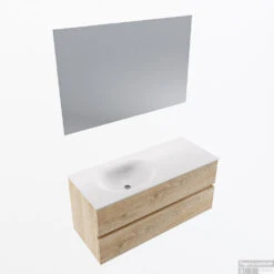 MONDIAZ VICA 110cm Badmeubel Onderkast Washed Oak 2 Lades. Wastafel Moon Links Zonder Kraangat, Kleur Talc Met Spiegel LED.