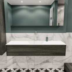 Badkamermeubel BWS Madrid Antraciet 150x45x30 Cm Mat Witte Solid Surface Wastafel (1 Kraangat)