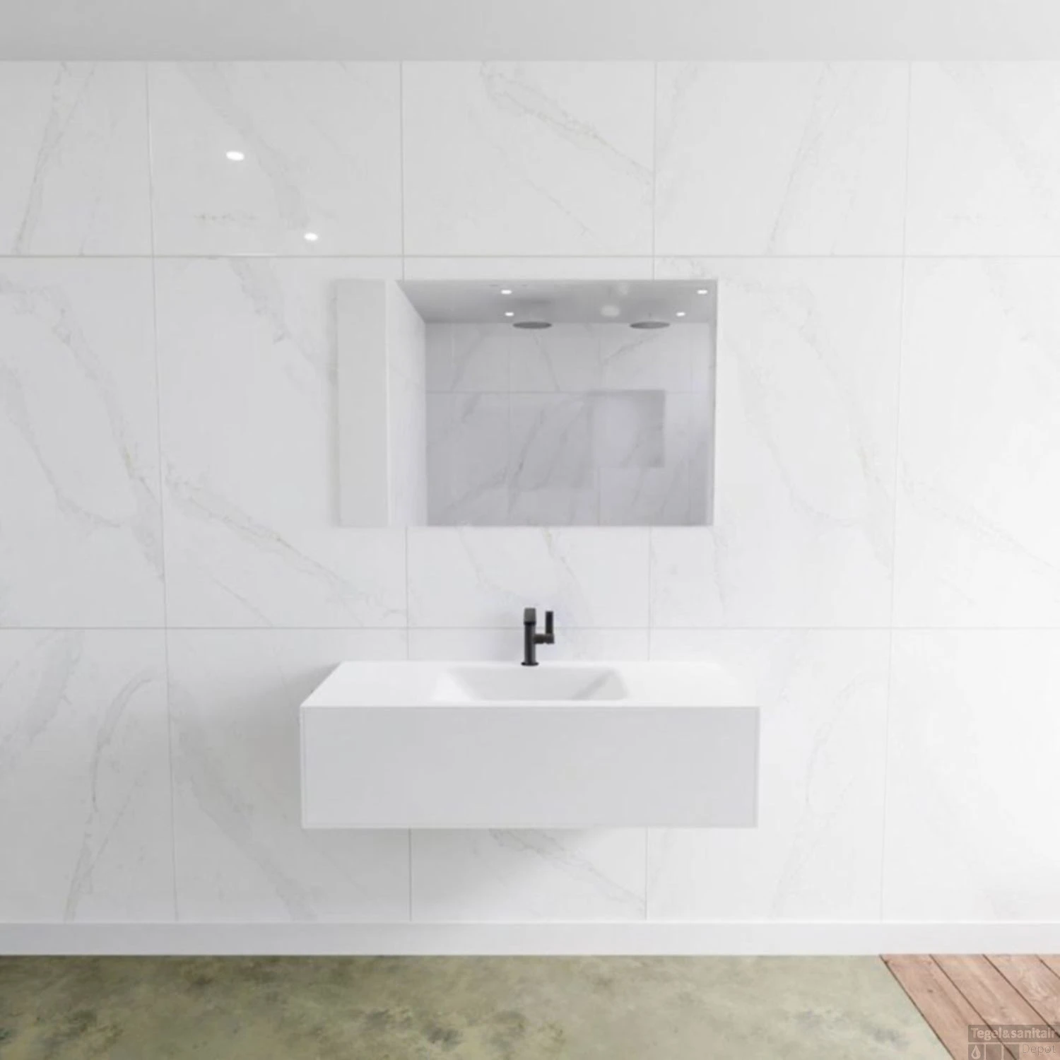 Badkamermeubelset Mondiaz LAGOM 110 Cm Gecentreerde Waskom Solid Surface Met 1 Kraangat Mat Wit (1 Lade)