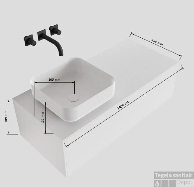 Badkamermeubelset Mondiaz LAGOM 140 Cm Met Topblad Linkse Wastafel Solid Surface Opzetkom Binx Zonder Kraangaten Mat Wit (1 Lade) - Afbeelding 4