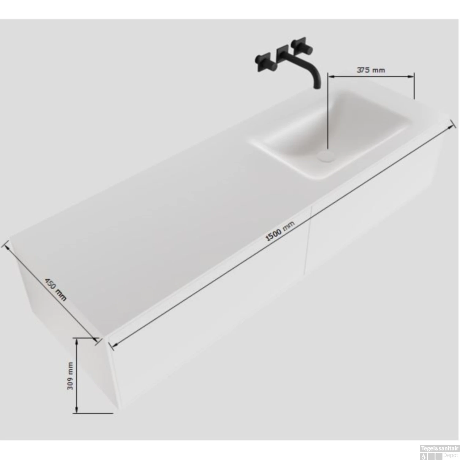 Badkamermeubelset Mondiaz LAGOM 150 Cm Rechtse Wastafel Solid Surface Zonder Kraangaten Mat Zwart (2 Laden) - Afbeelding 4