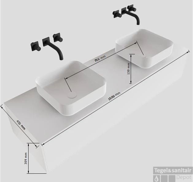 Badkamermeubelset Mondiaz LAGOM 150 Cm Met Topblad Dubbele Wastafel Solid Surface Opzetkom Binx Met 2 Kraangaten Mat Wit (1 Lade) - Afbeelding 4