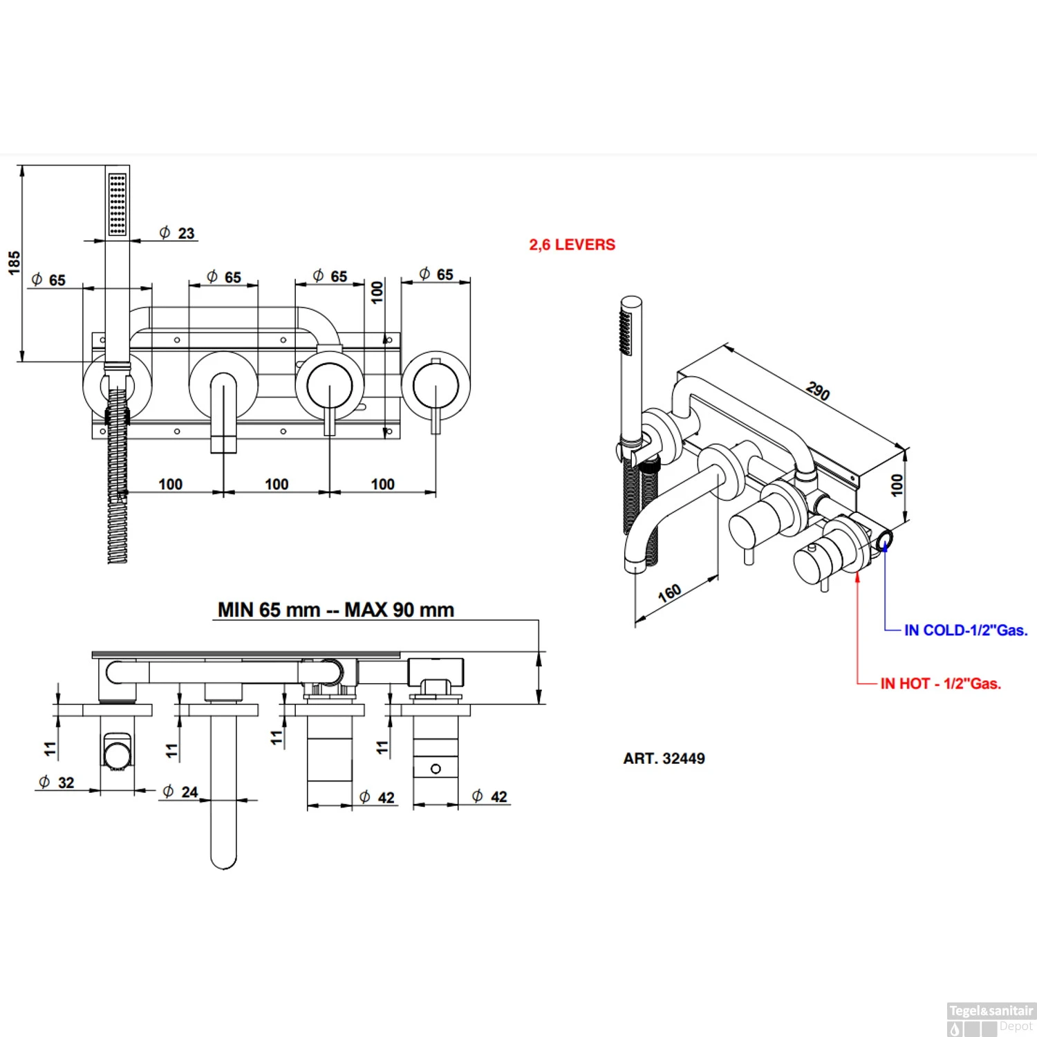 Badkraan Inbouw Bongio Squadra Thermostatisch 16 Cm Uitloop Met Handdoucheset En 2-Weg Omstel Mat Zwart - Afbeelding 3