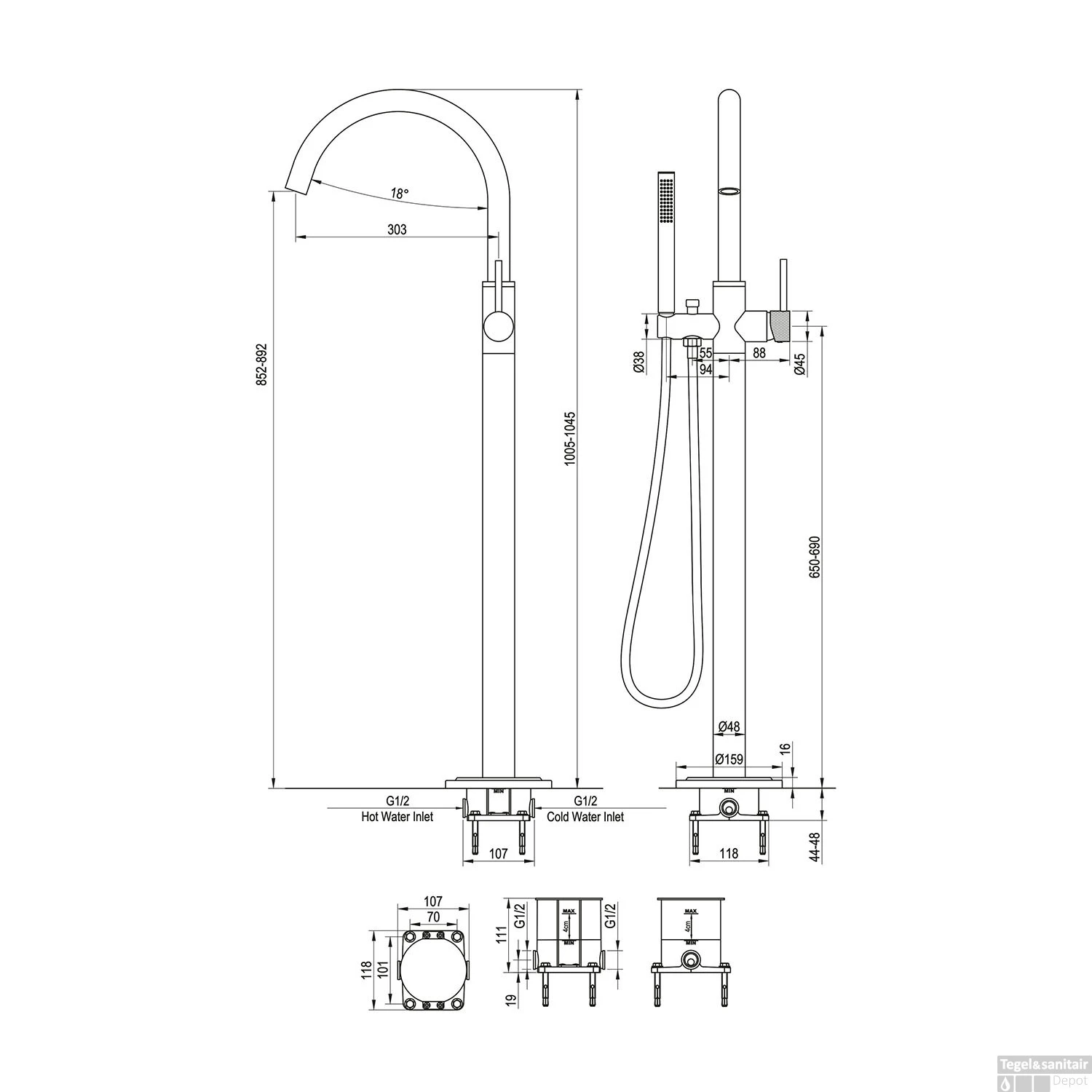 Badkraan Vrijstaand Brauer Brushed Carving Met Staaf Handdouche Geborsteld RVS - Afbeelding 6