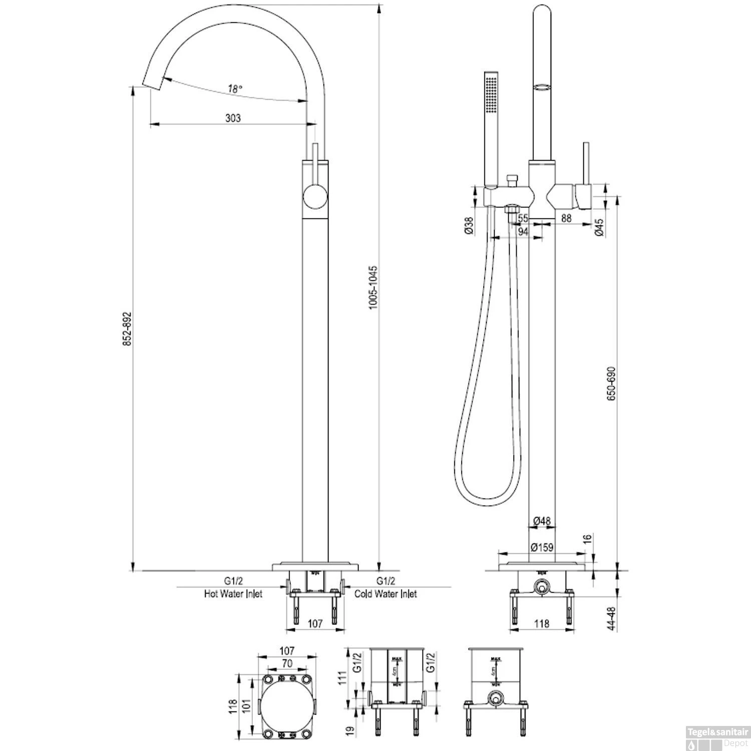 Badkraan Vrijstaand Brauer Gold Edition Met Staaf Handdouche Geborsteld Goud - Afbeelding 4