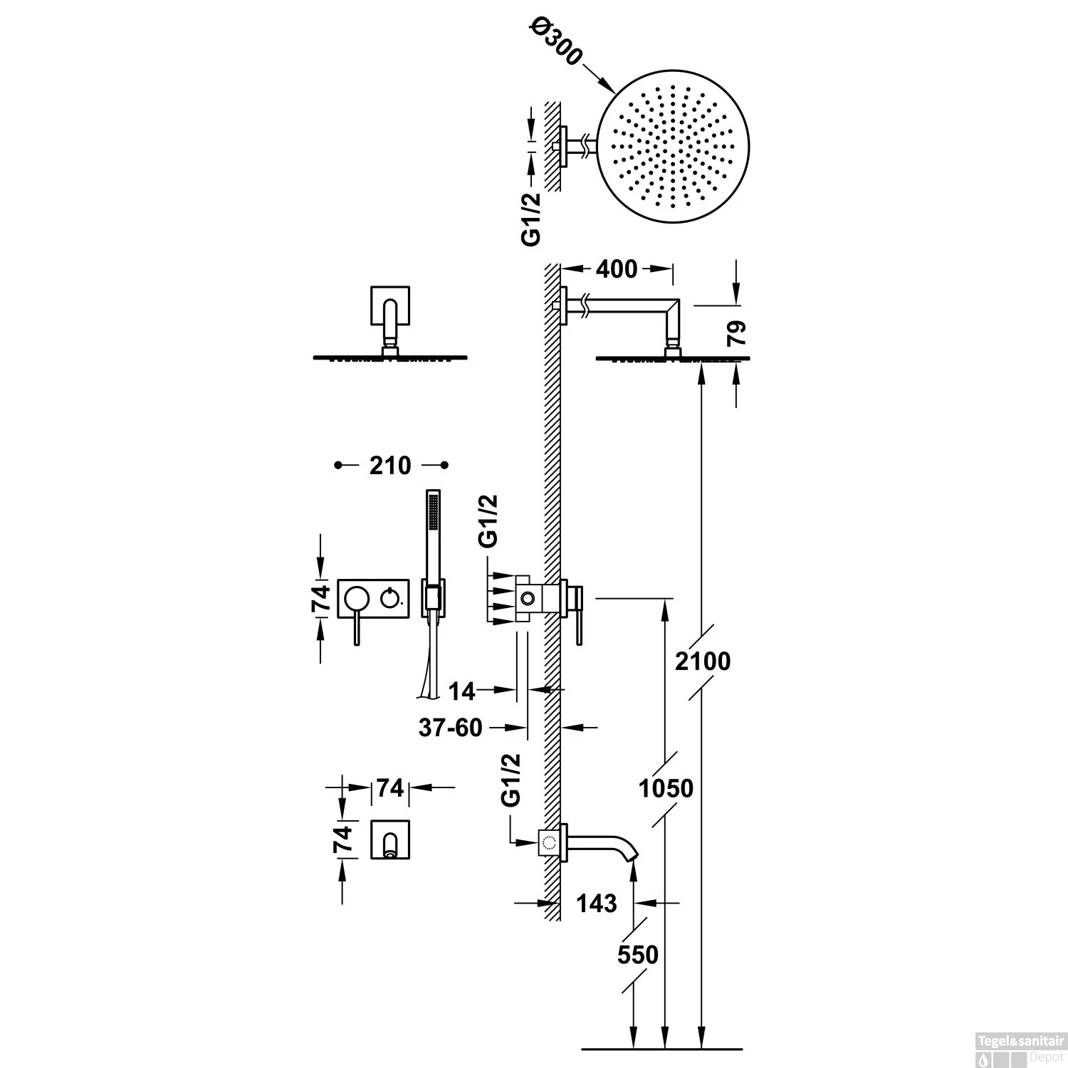 Badkraanset Tres 3V 3-Weg Mengkraan Met Wanduitloop Douchekop Handdouche Staal - Afbeelding 2