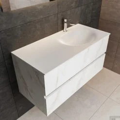 Badkamermeubel BWS Madrid Carrara Mat 100 Cm Solid Surface Wastafel Rechts (1 Kraangat, 2 Lades) -Baden Luxe Verkoop badmeubel bws madrid 100 solid surface rechts 1krg detail1