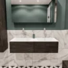 Badkamermeubel BWS Madrid Dark Brown 120x45x30 Cm Mat Witte Solid Surface Wastafel Dubbel (2 Lades, 2 Kraangaten)