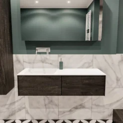 Badkamermeubel BWS Madrid Dark Brown 120x45x30 Cm Mat Witte Solid Surface Wastafel Links (2 Lades, 0 Kraangaten)