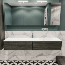 Badkamermeubel BWS Madrid Antraciet 180x45x30 Cm Mat Witte Solid Surface Wastafel Rechts (0 Kraangaten, 2 Lades)