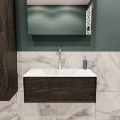 Badkamermeubel BWS Madrid Dark Brown 80x45x30 Cm Mat Witte Solid Surface Wastafel (1 Kraangat)