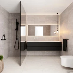 Badkamermeubel Solid Surface BWS Oslo 200x45 Cm Mat Zwart Urban Links (0 Kraangaten, 4 Lades) -Baden Luxe Verkoop badmeubel bws oslo 200 cm 4lds 0krg links sfeer