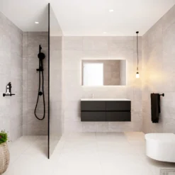 Badkamermeubel Solid Surface BWS Stockholm 120x45 Cm Mat Zwart Urban Links (1 Kraangat, 4 Lades) -Baden Luxe Verkoop badmeubel bws stockholm mat zwart 120 4lds 1krg links sfeer