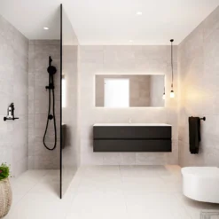 Badkamermeubel Solid Surface BWS Stockholm 150x45 Cm Mat Zwart Urban Midden (1 Kraangat) -Baden Luxe Verkoop badmeubel bws stockholm mat zwart 150 2lds 1krg midden sfeer