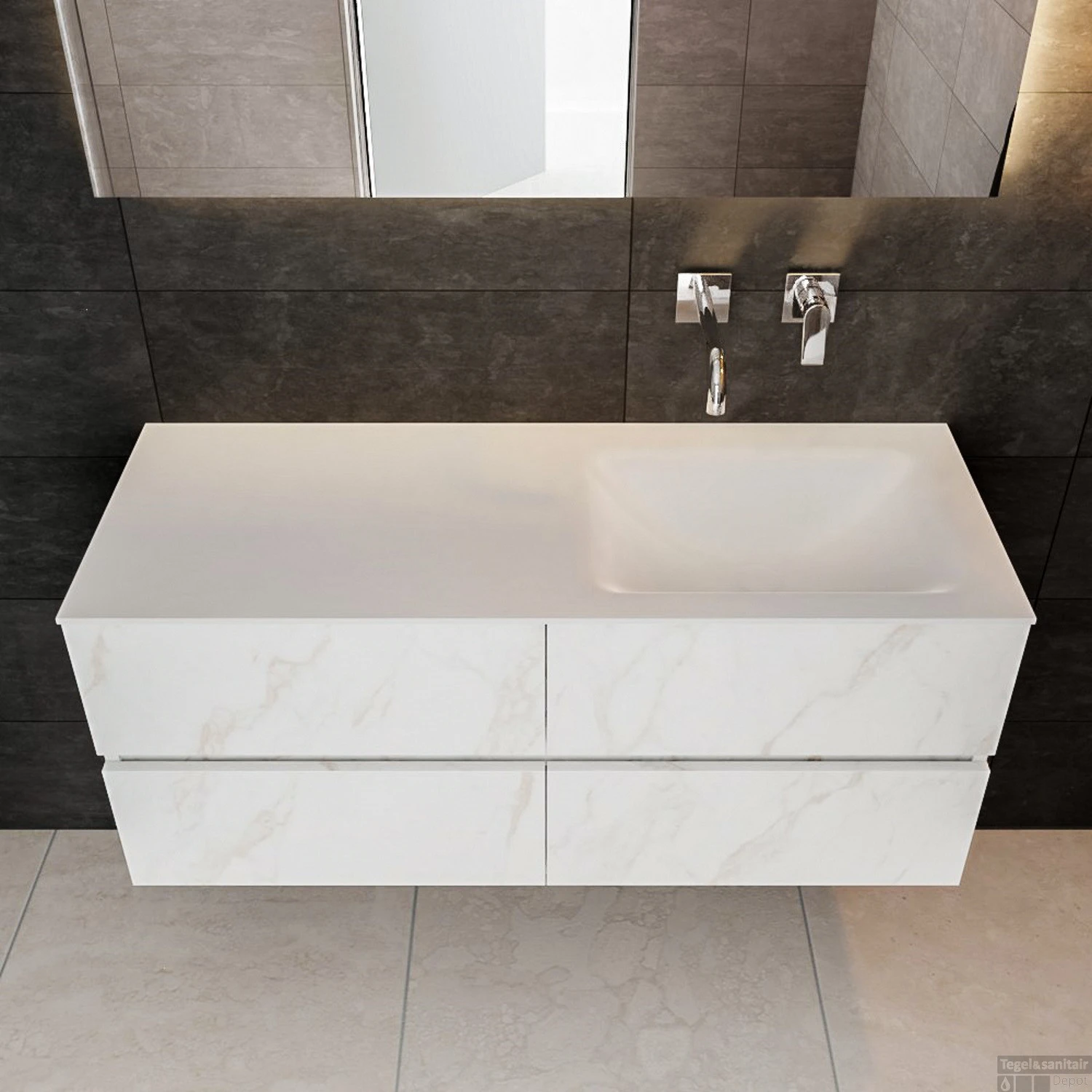 Badkamermeubel BWS Valencia Carrara Mat 120 Cm Solid Surface Wastafel Rechthoekige Wasbak Rechts (0 Kraangaten, 4 Lades) 2 Badkamermeubel BWS Valencia Carrara Mat 120 Cm Solid Surface Wastafel Rechthoekige Wasbak Rechts (0 Kraangaten, 4 Lades) - Afbeelding 2