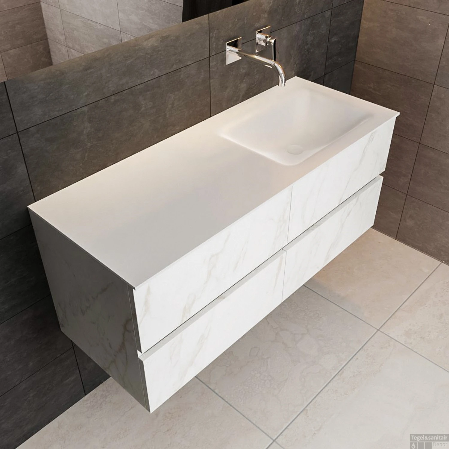 Badkamermeubel BWS Valencia Carrara Mat 120 Cm Solid Surface Wastafel Rechthoekige Wasbak Rechts (0 Kraangaten, 4 Lades) 3 Badkamermeubel BWS Valencia Carrara Mat 120 Cm Solid Surface Wastafel Rechthoekige Wasbak Rechts (0 Kraangaten, 4 Lades) - Afbeelding 3