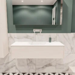 Badkamermeubel BWS Madrid Wit 120x45x30 Cm Mat Witte Solid Surface Wastafel (0 Kraangaten)