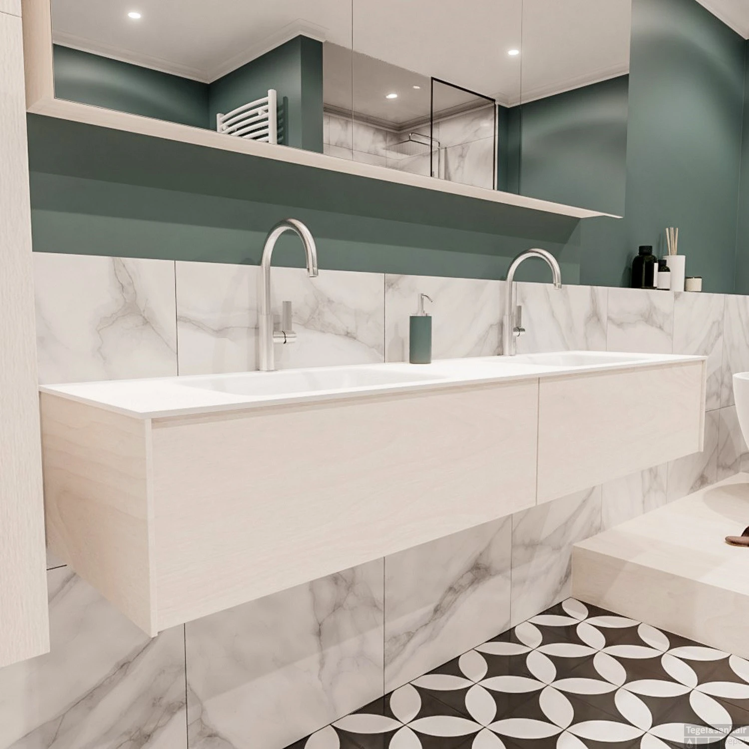 Badkamermeubel BWS Madrid Wit 180x45x30 Cm Mat Witte Solid Surface Wastafel Dubbel (2 Lades, 2 Kraangaten) 2 Badkamermeubel BWS Madrid Wit 180x45x30 Cm Mat Witte Solid Surface Wastafel Dubbel (2 Lades, 2 Kraangaten) - Afbeelding 2