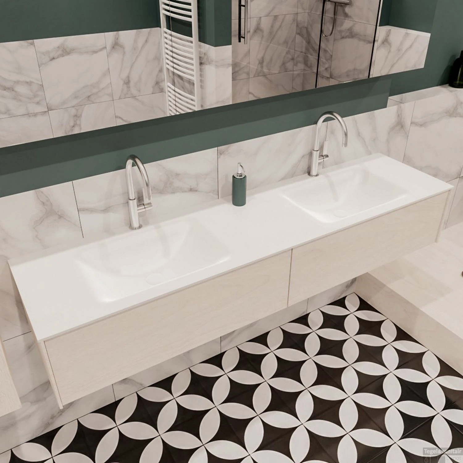 Badkamermeubel BWS Madrid Wit 180x45x30 Cm Mat Witte Solid Surface Wastafel Dubbel (2 Lades, 2 Kraangaten) 3 Badkamermeubel BWS Madrid Wit 180x45x30 Cm Mat Witte Solid Surface Wastafel Dubbel (2 Lades, 2 Kraangaten) - Afbeelding 3