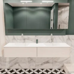 Badkamermeubel BWS Madrid Wit 180x45x30 Cm Mat Witte Solid Surface Wastafel Dubbel (2 Lades, 2 Kraangaten)