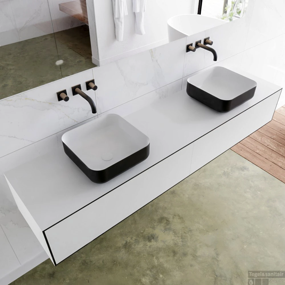 Badkamermeubelset Mondiaz LAGOM 190 Cm Topblad Met Dubbele Wastafel Solid Surface Opzetkom Binx Zonder Kraangaten Mat Zwart (2 Laden) 2 Badkamermeubelset Mondiaz LAGOM 190 Cm Topblad Met Dubbele Wastafel Solid Surface Opzetkom Binx Zonder Kraangaten Mat Zwart (2 Laden) - Afbeelding 2