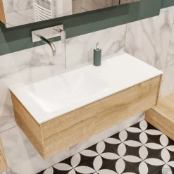 Badkamermeubel BWS Madrid Washed Oak 100x45x30 Cm Mat Witte Solid Surface Wastafel Links (0 Kraangaten) 7 Badkamermeubel BWS Madrid Washed Oak 100x45x30 Cm Mat Witte Solid Surface Wastafel Links (0 Kraangaten) -Baden Luxe Verkoop badmeubel washed oak 100 cm links 1ld 0krg detail1