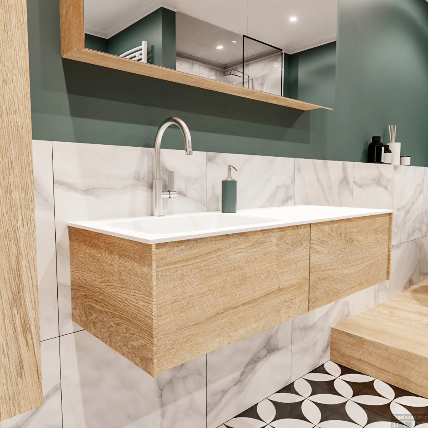 Badkamermeubel BWS Madrid Washed Oak 120x45x30 Cm Mat Witte Solid Surface Wastafel Links (2 Lades, 1 Kraangat) 2 Badkamermeubel BWS Madrid Washed Oak 120x45x30 Cm Mat Witte Solid Surface Wastafel Links (2 Lades, 1 Kraangat) - Afbeelding 2